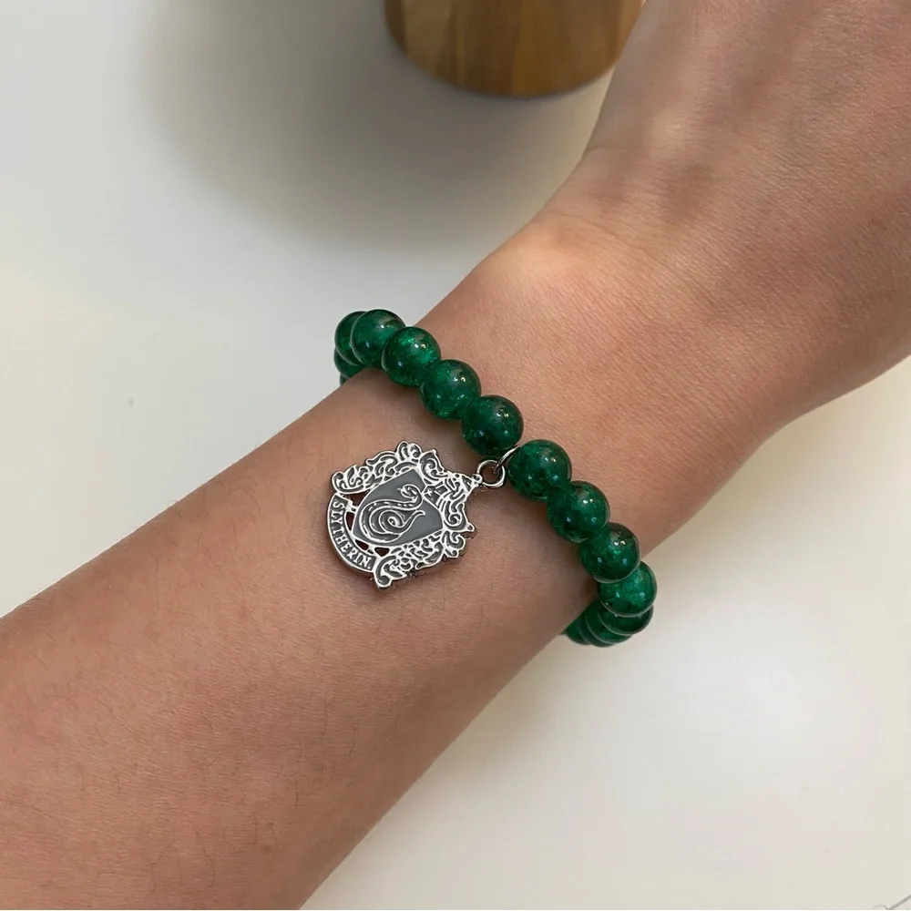 4/$15 Harry Potter Slytherin House Green Beaded Bracelet with Silver Charm
